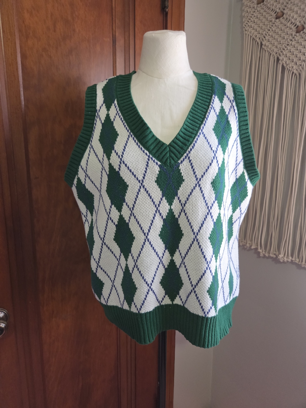 St. John's Bay Green and White Argyle V‑Neck Sweater Vest
